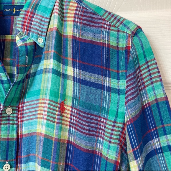 Ralph Lauren Blue Madras Plaid Linen Button Down Shirt LRG Resort Summer Preppy - Picture 4 of 9